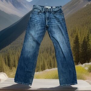 BKE Jeans Jake Mens 32x31 Blue Denim Bootcut Distressed Whiskered Thick Stitch